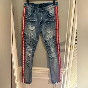 Blue Skinny Jeans with Red Side Stripe